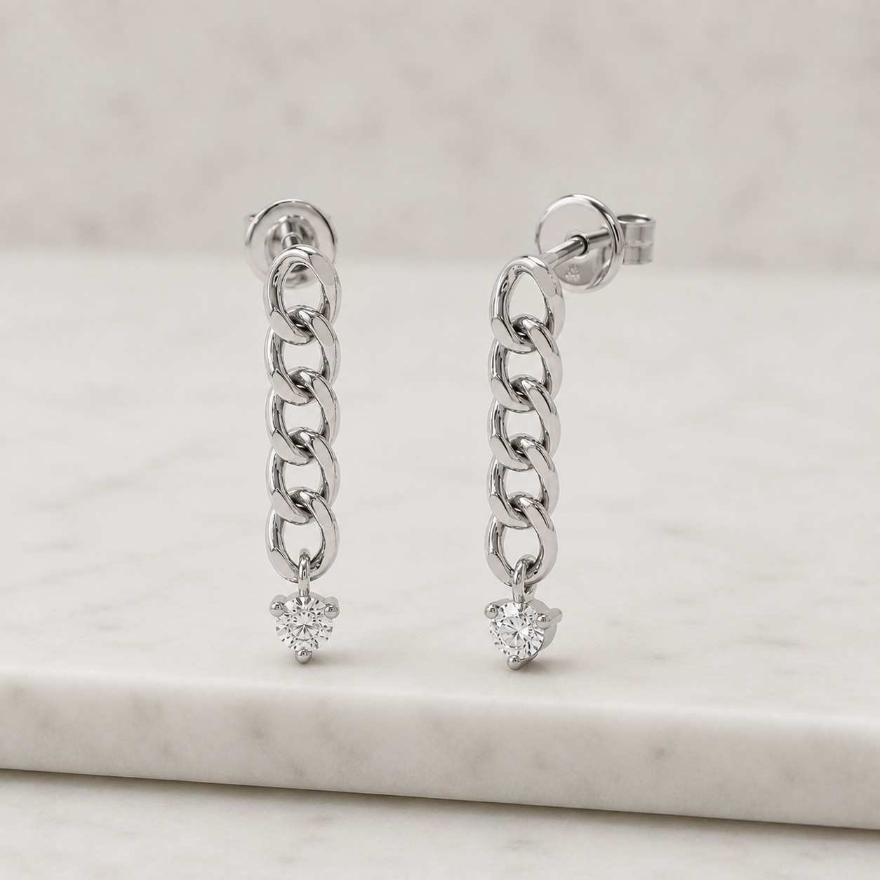 14k solid gold three diamond chain drop earrings, minimalist station dangle earrings, bezel set diamond earrings