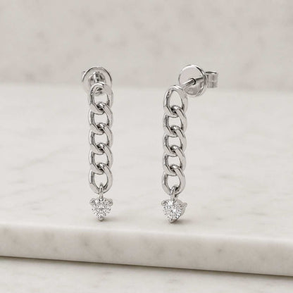 14K Solid Gold Three Diamond Chain Drop Earrings, Minimalist Station Dangle Earrings, Bezel Set Diamond Earrings