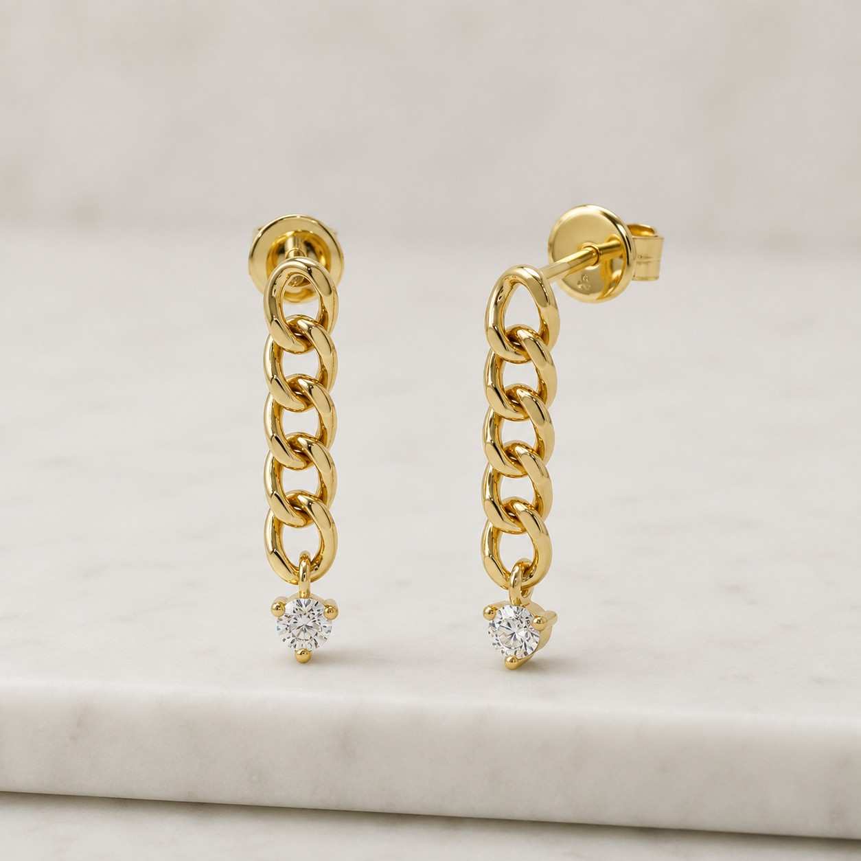 14K Solid Gold Two Diamond Chain Drop Earrings, Minimalist Station Dangle Earrings, Bezel Set Diamond Earrings
