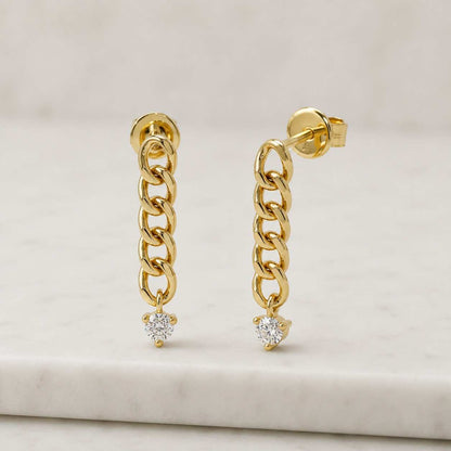 14K Solid Gold Two Diamond Chain Drop Earrings, Minimalist Station Dangle Earrings, Bezel Set Diamond Earrings
