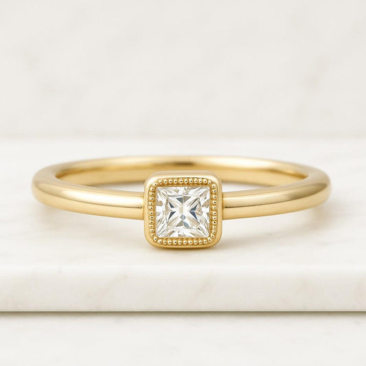 14K Solid White Gold Art Deco Full Eternity Band Milgrain Wedding Band Princess Cut Colorless Moissanite Engagement Ring