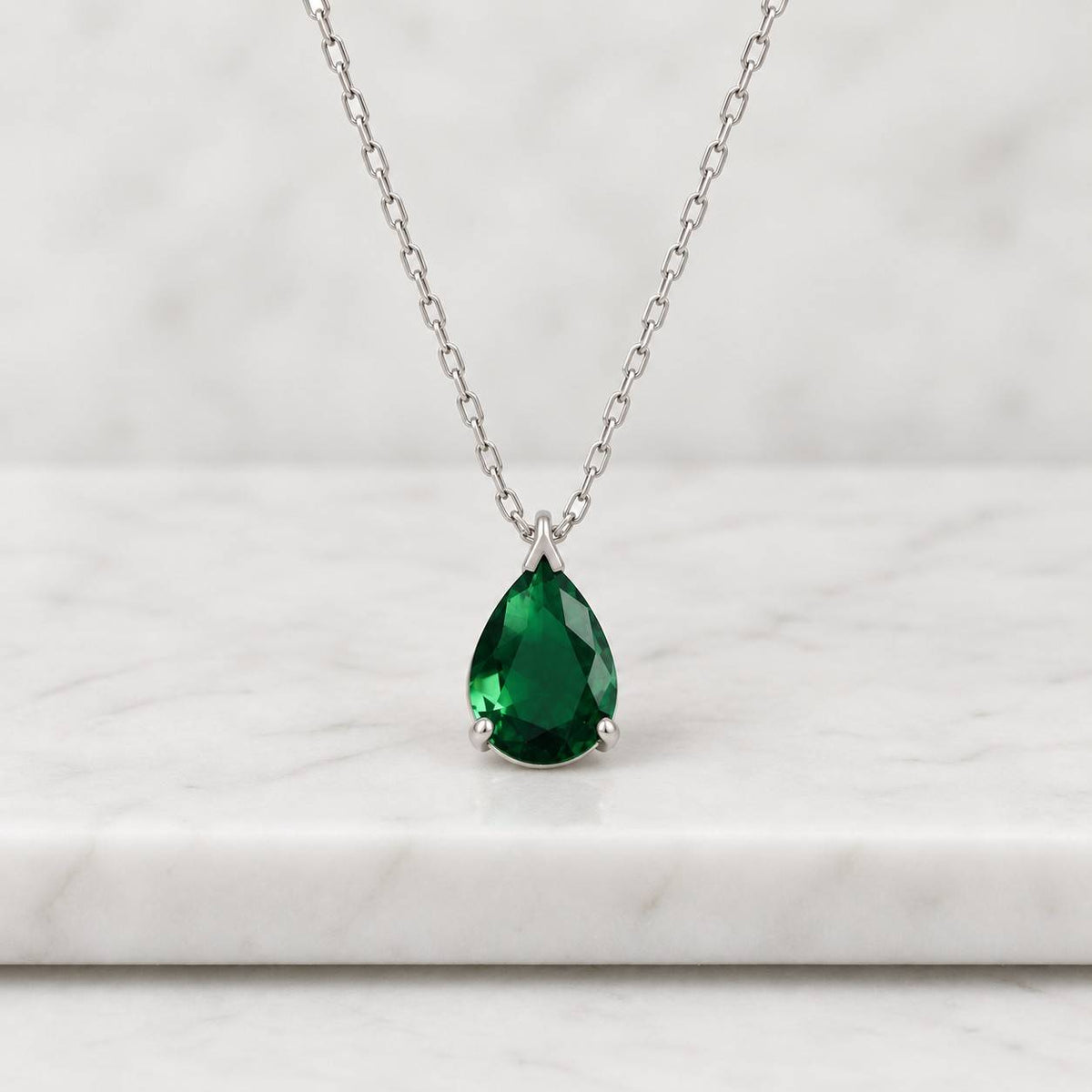 14k solid white gold diamond and pear shape emerald solitaire necklace ,may birthstone, gemstone
