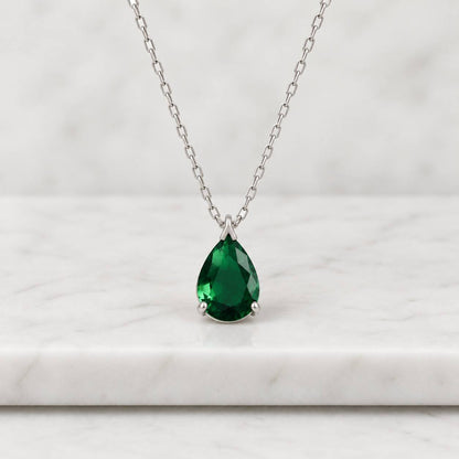 14K Solid White Gold Diamond and Pear Shape Emerald Solitaire Necklace ,May Birthstone, Gemstone
