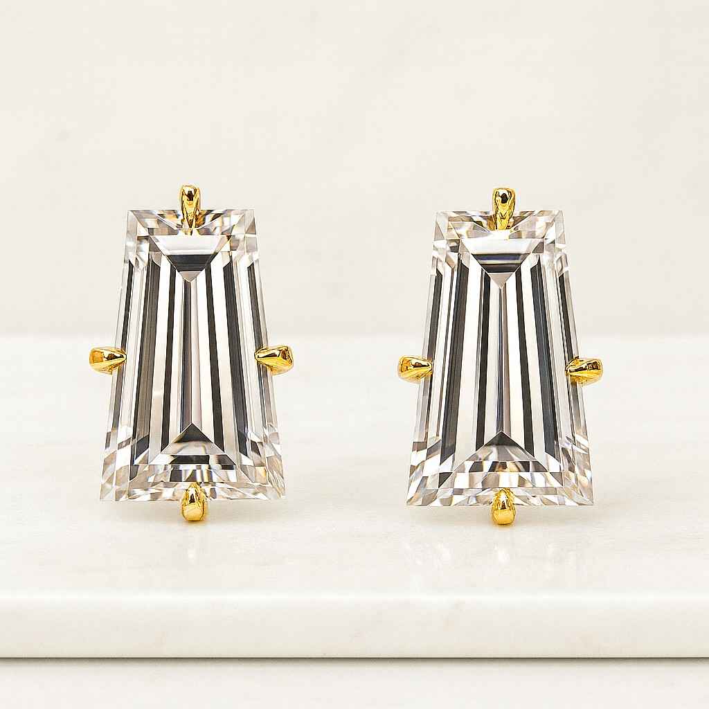 14K Solid Yellow Gold Baguette Diamond Studs