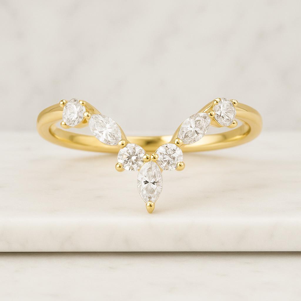 14K Solid Yellow Gold V Shaped Wedding Band Marquise And Round Cut Moissanite Band Vintage Ring Marquise Cut Moissanite Curved Matching Band