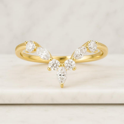 14K Solid Yellow Gold V Shaped Wedding Band Marquise And Round Cut Moissanite Band Vintage Ring Marquise Cut Moissanite Curved Matching Band