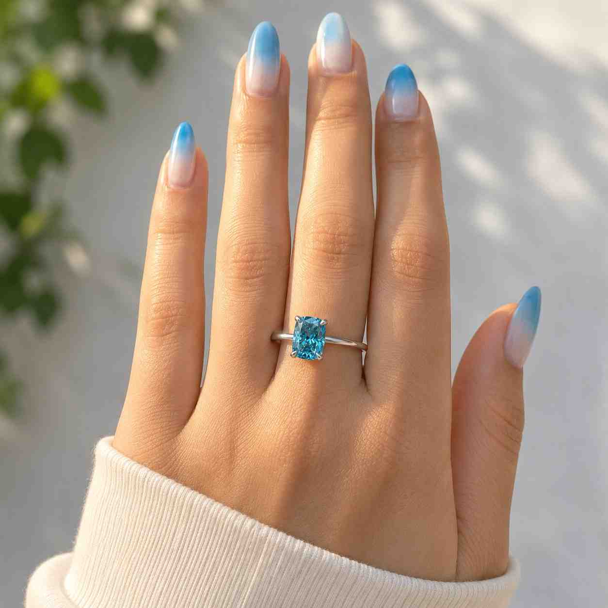 14k white gold blue emerald cut lab diamond ring, split cathedral shank halo engagement ring, vintage inspired bridal ring 