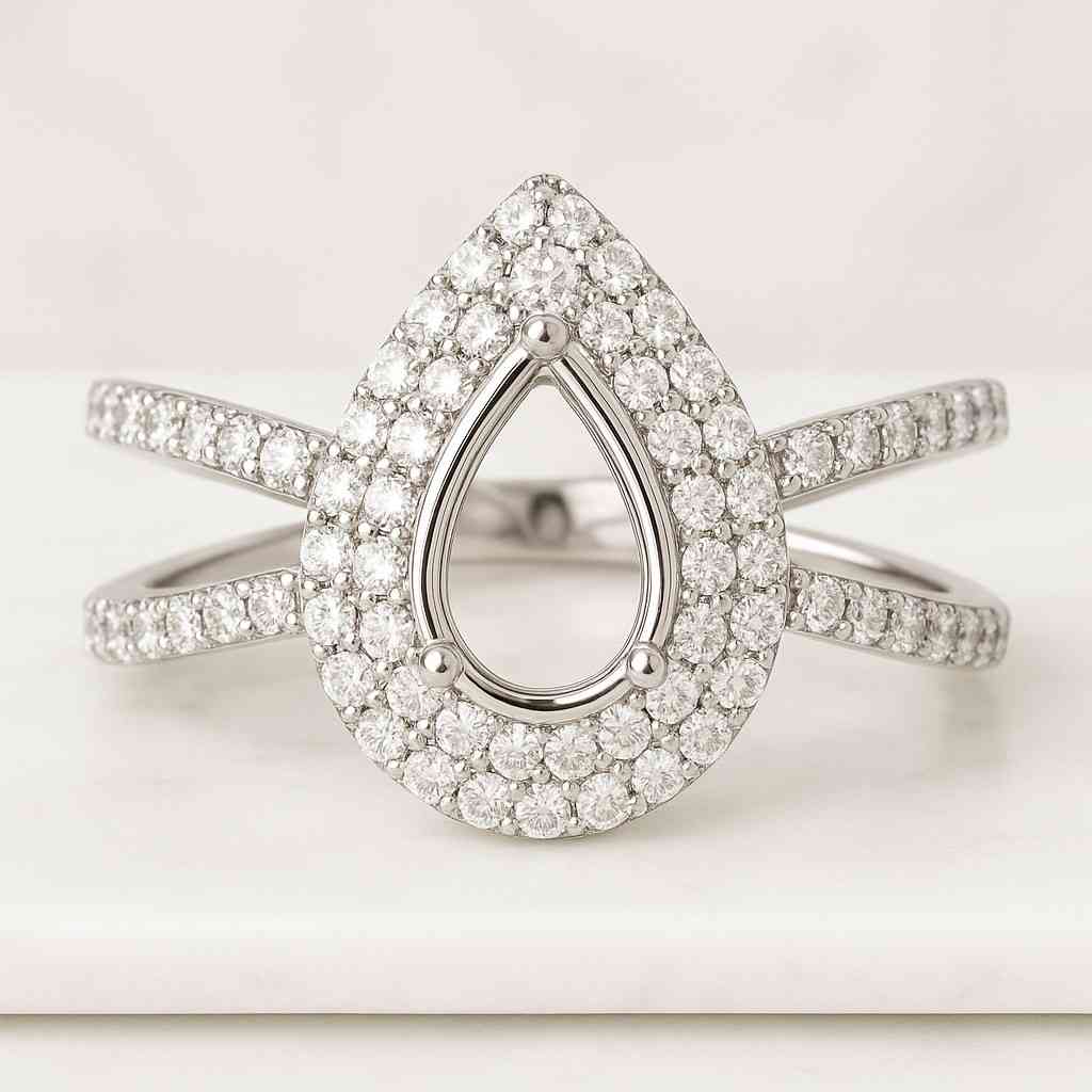 14K White Gold Bridal Ring Set Pear Cut Lab Grown Diamond Engagement Ring