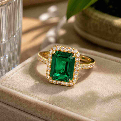 14K White Gold Green Emerald Ring Round Cut Diamond Halo Engagement Ring Anniversary Gifts
