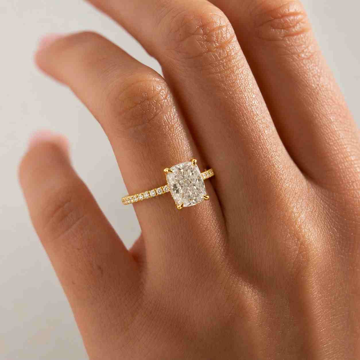 14k yellow gold cathedral band, igi certified wedding ring for her