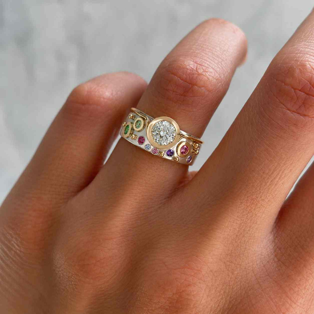 14k yellow gold cigar band, multi gemstone wedding band ring, flush set multi color round cz stone scattered band, anniversary gift for wife
