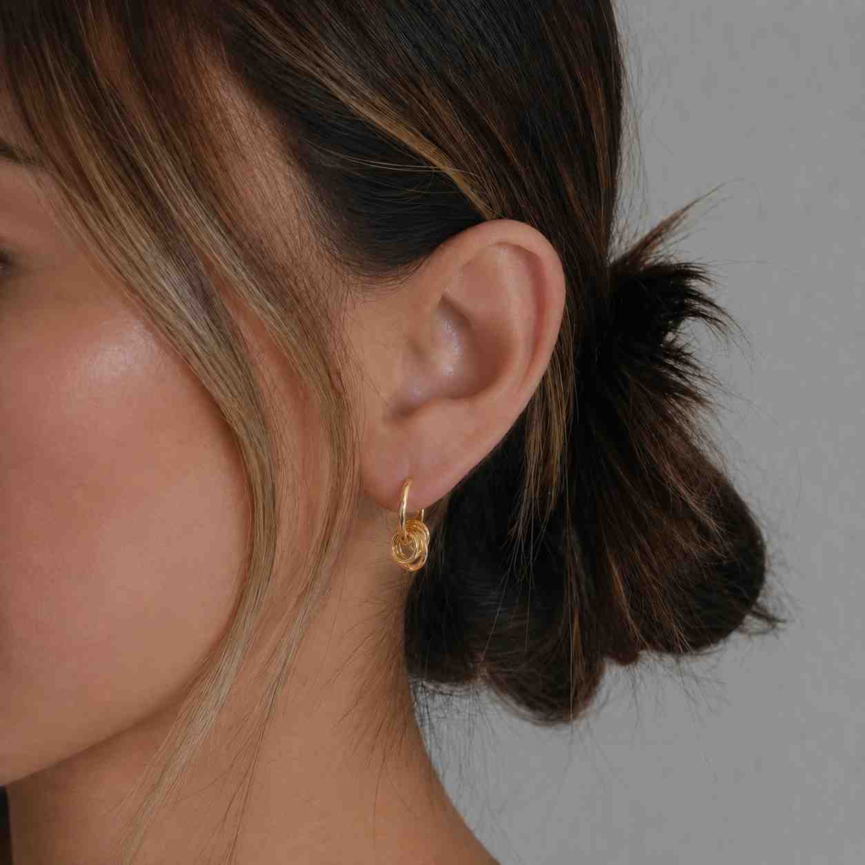 14K Yellow Gold Double Hoop Diamond Huggie Earrings 
