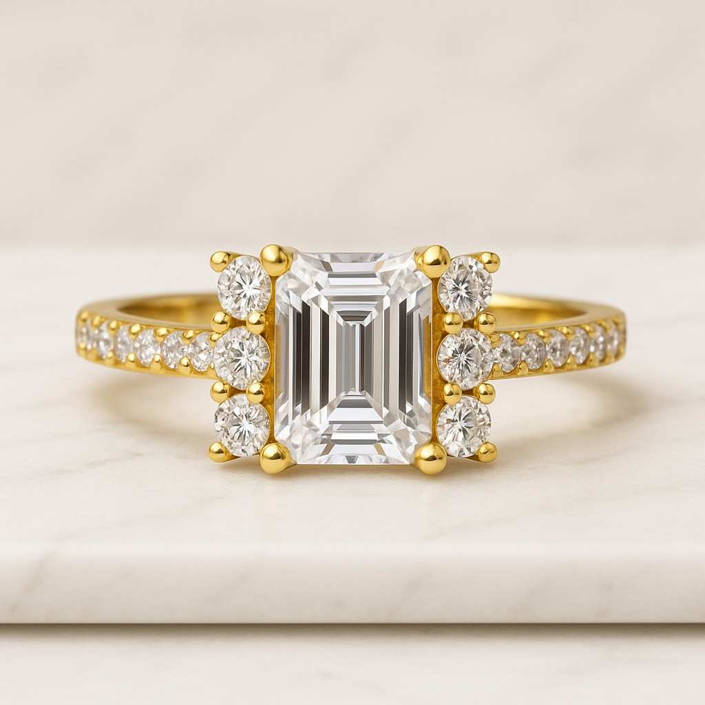 14K Yellow Gold Emerald Cut Diamond Engagement Ring Side Marquise and Round Cut Bridesmaid Gifts