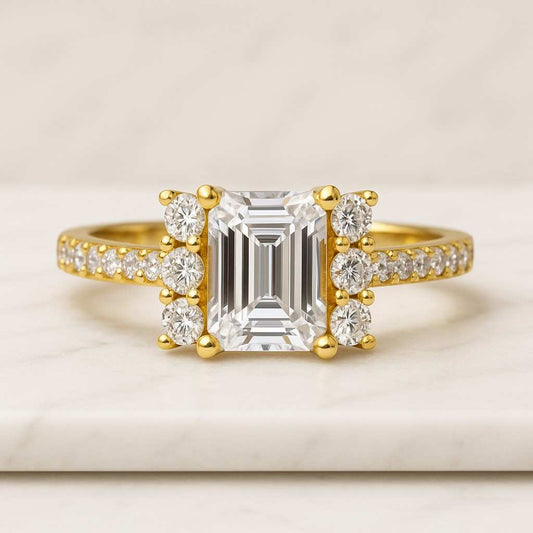 14K Yellow Gold Emerald Cut Diamond Engagement Ring Side Marquise and Round Cut Bridesmaid Gifts