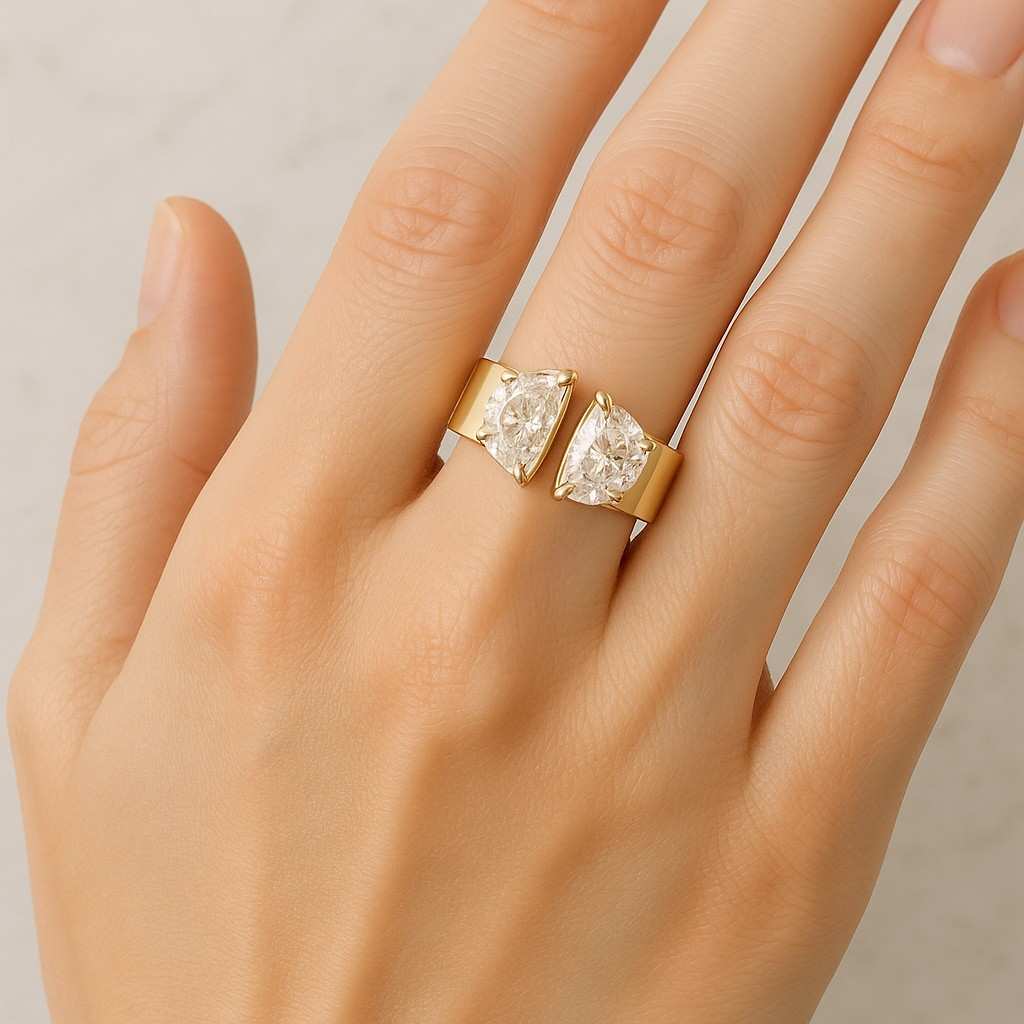 14K Yellow Gold Half Moon Diamond Wedding Ring Band Handmade Jewellery