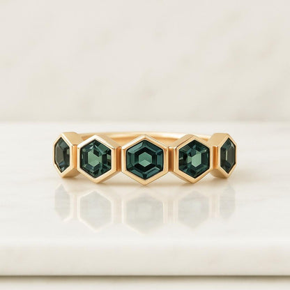 14K Yellow Gold Hexagon Lab-Grown Diamond Eternity Band Gemstone Handmade Gold Ring