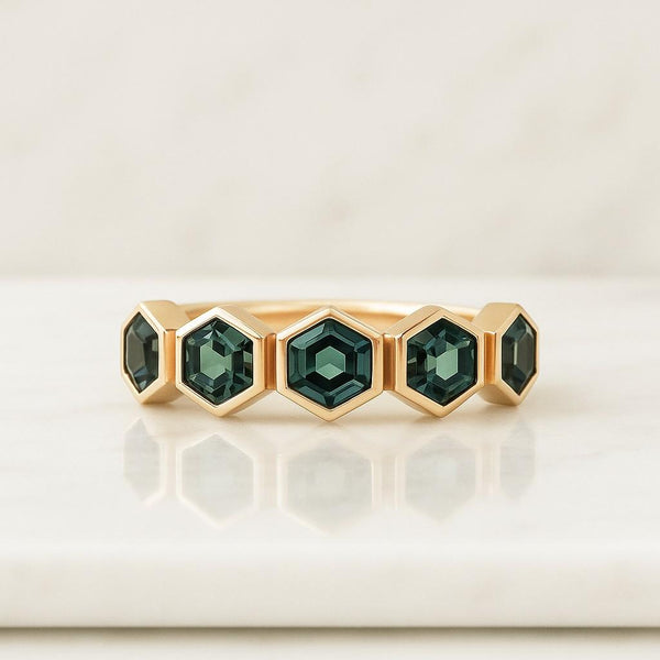 14K Yellow Gold Hexagon Lab-Grown Diamond Eternity Band Gemstone Handmade Gold Ring