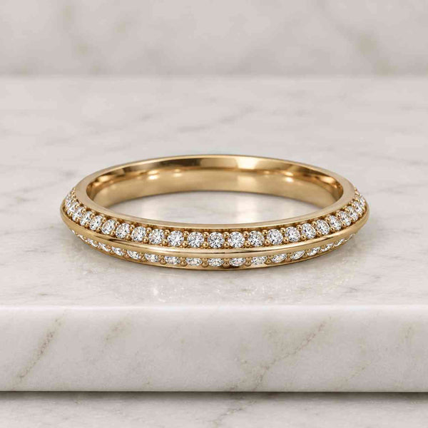 14K Yellow Gold Moissanite Cluster Ring, Double Row Pavé Band, Anniversary Wedding Jewelry
