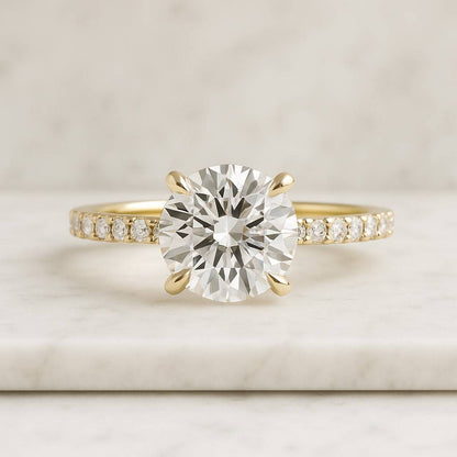 14K Yellow Gold Pavé Band Round Cut Lab Grown Diamond Engagement Ring Set