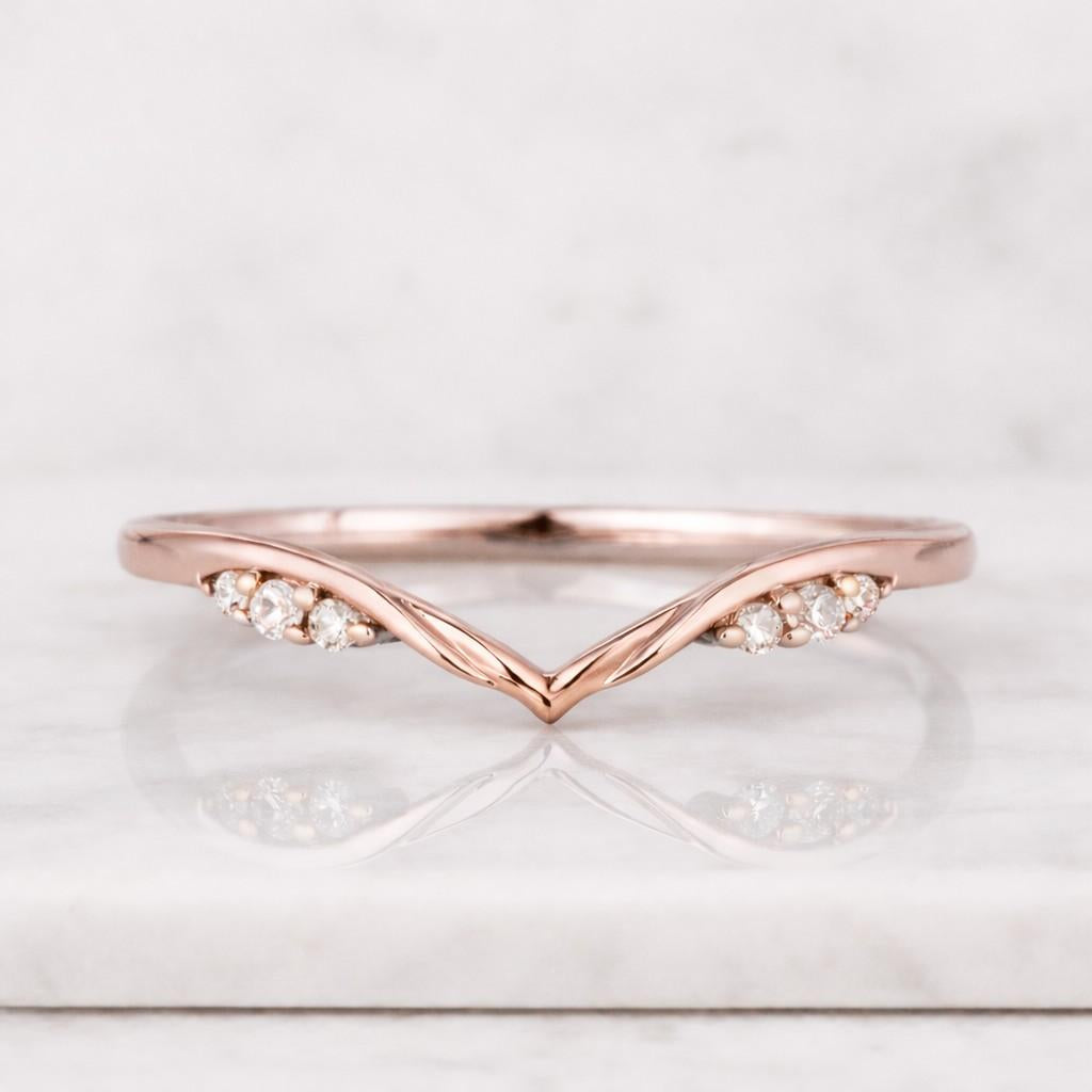 unique diamond wedding band yellow gold ring moissanite wedding band v shaped wedding band dainty curved matching band anniversary gift
