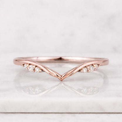 Unique Diamond Wedding Band Yellow Gold Ring Moissanite Wedding Band V shaped Wedding Band Dainty Curved Matching Band Anniversary Gift
