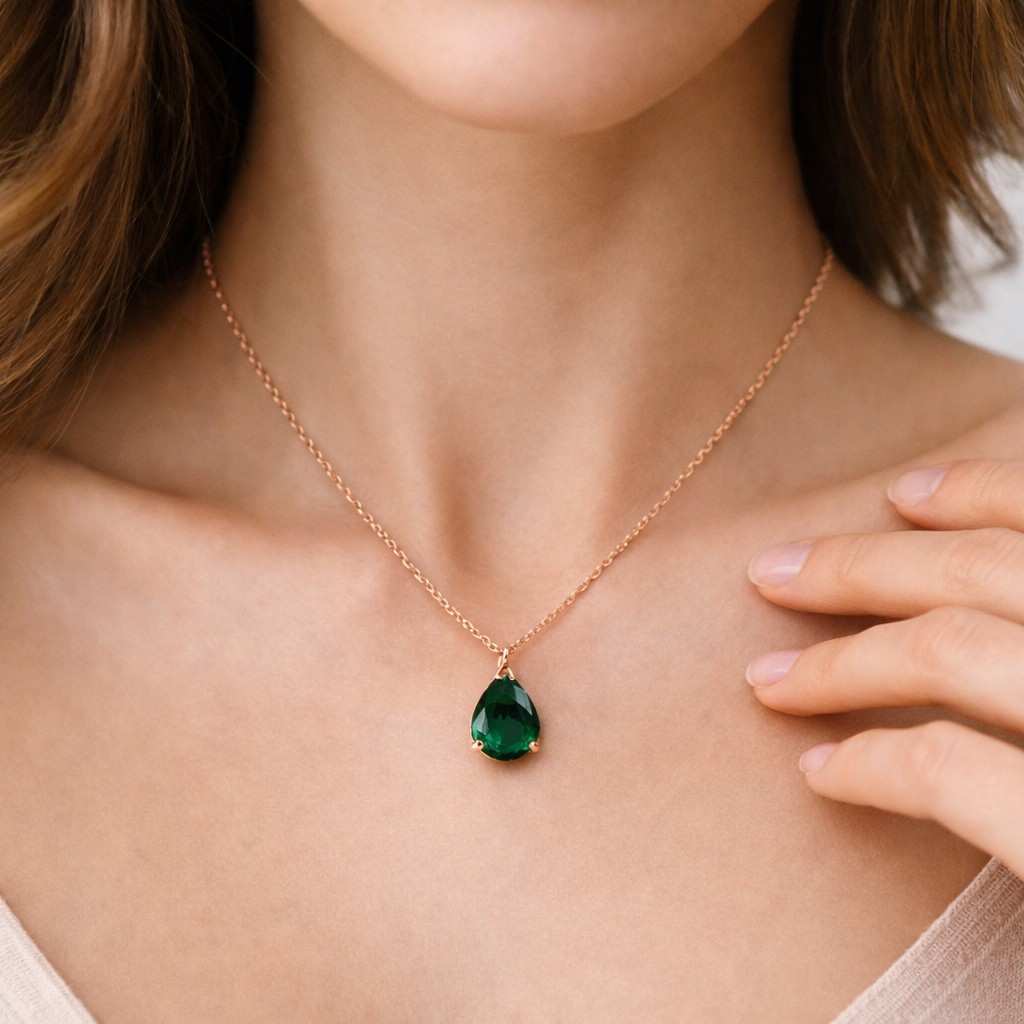14kt gold emerald teardrop necklace, emerald pendant, may birthstone necklace
