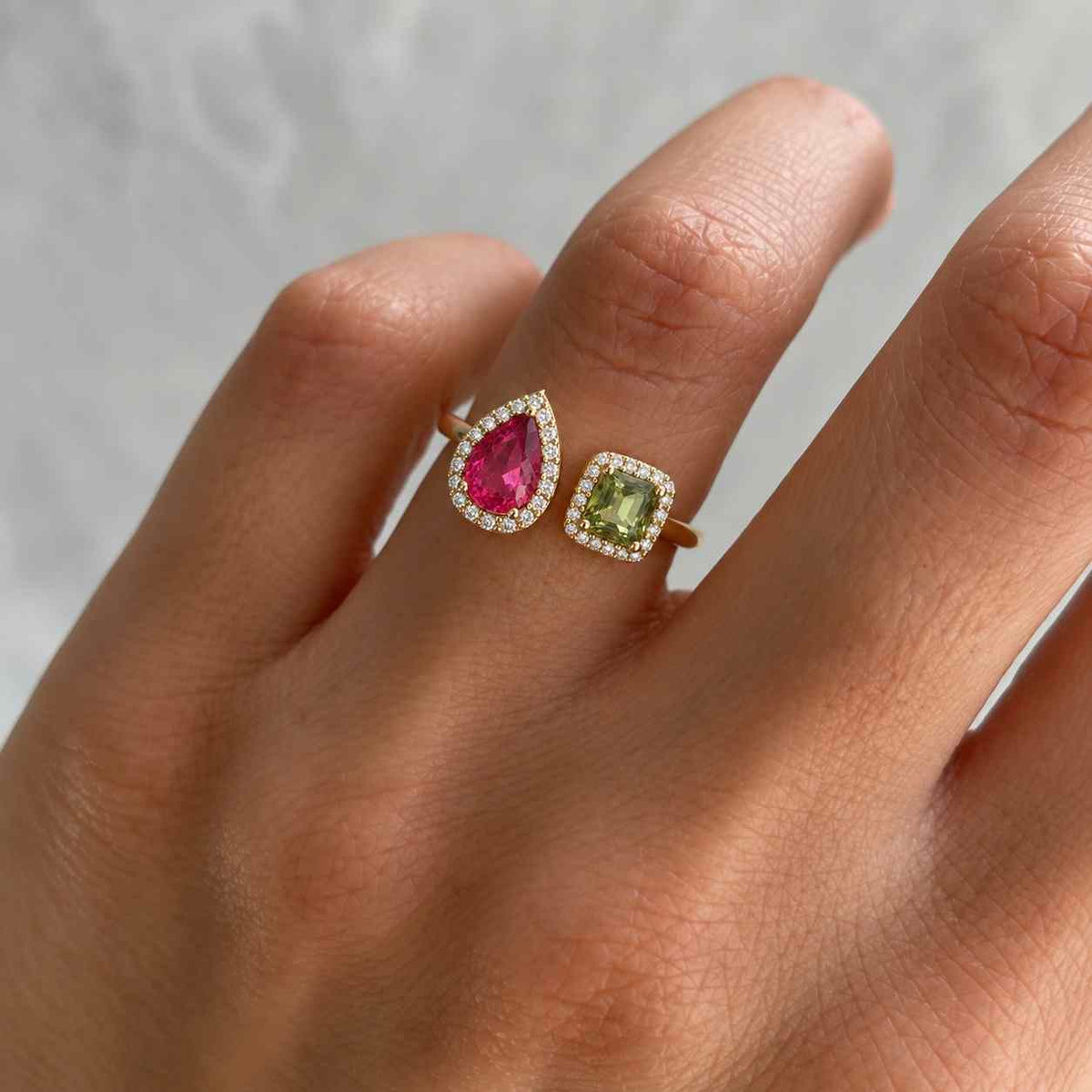 14kt gold peridot birthstone bezel ring, baguette peridot & round pink tourmaline two stone ring, stackable dainty ring, gift for her
