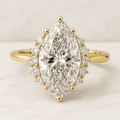 5MM Round Lab Grown Diamond 18K Yellow Gold Engagement Ring  Unique Snowdrift 4 Prong Diamond Cluster Promise Ring