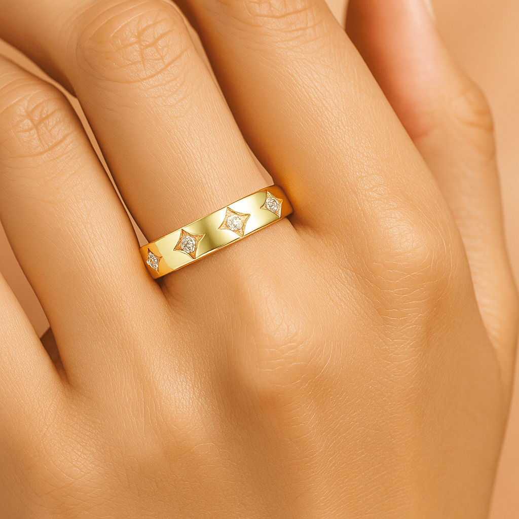 Art Deco Moissanite Star Wedding Band Hand Engraved Wedding Band Solid Gold Wedding Band