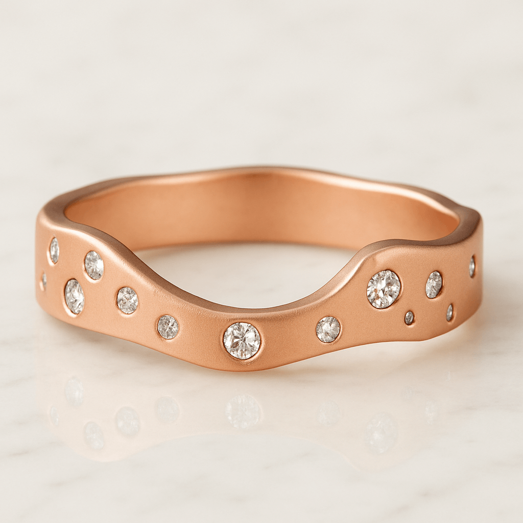Rose gold ring with embedded diamonds on a light background