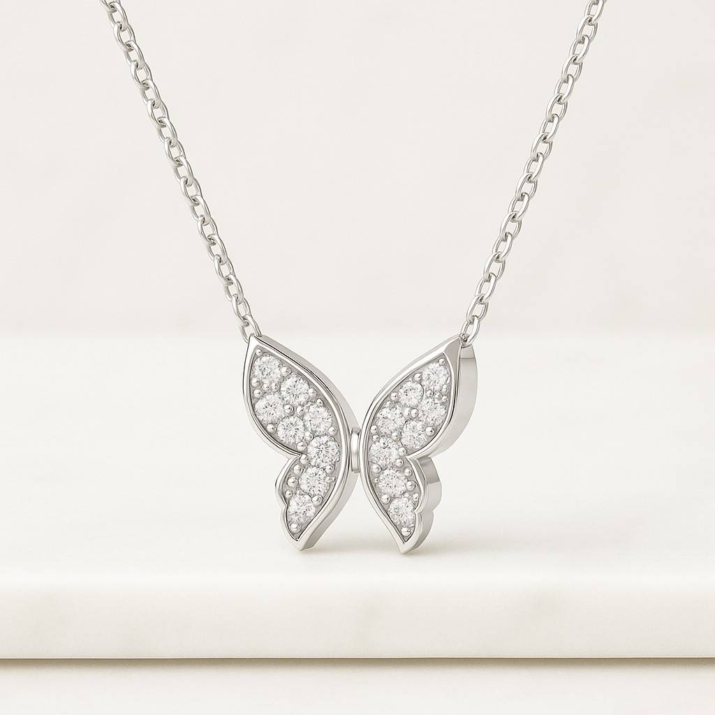 14k Diamond Butterfly Necklace Solid Gold Necklace Pave Diamond Butterfly Pendant