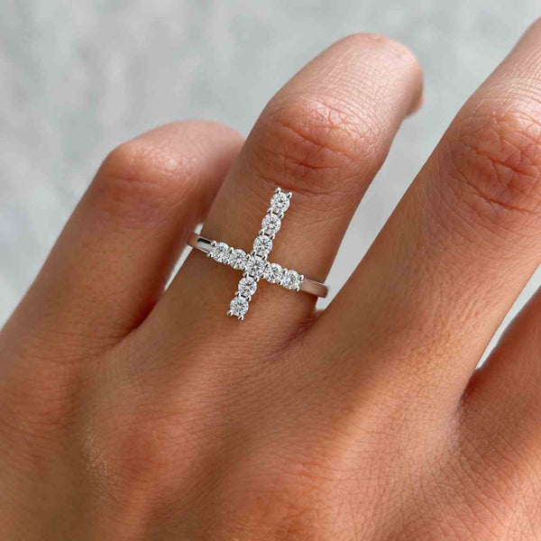 14k Gold Cross Ring - Gift for Him Her - Danity Moissanite Diamond Cross Religious Ring- Womens Hoop Rings - Christian Jewelry
