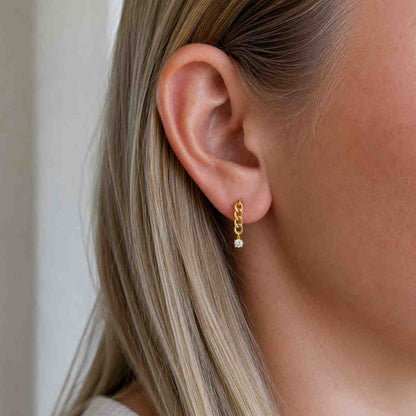 14k Gold Cuban Chain Earring, Bezel Diamond Earrings, Natural Diamond, Curb Chain Stud, Delicate Chain Earrings, Handmade Jewelry, 
