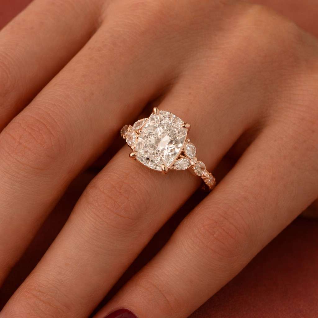 14k Gold Cushion Cut Lab Grown Diamond Engagement Ring, E-VVS2 IGI Certified 4 CT Elongated Cushion Cut Lab Diamond Three-Stone Ring.
