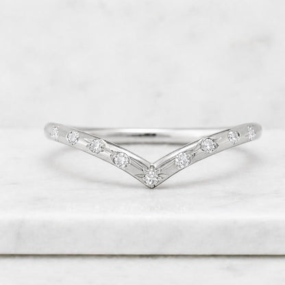 14k Gold Diamond Chevron Ring Stackable "V" Ring
