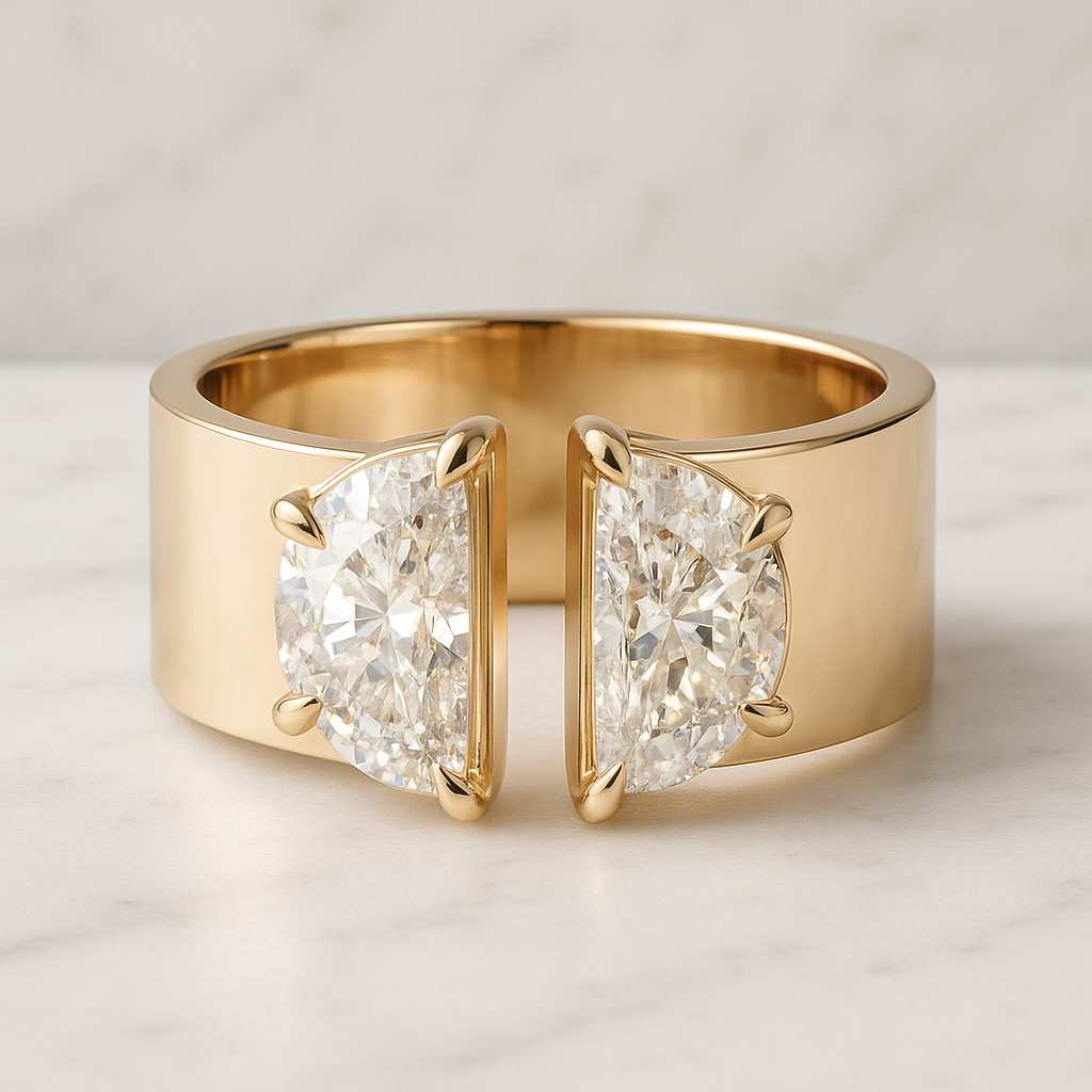 14k Gold Diamond Curved Ring Diamond Half Moon Ring Gold Nesting Ring Dainty Wedding Band