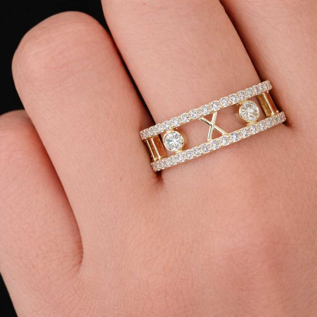 Solid 14k Yellow Gold Roman Numeral Ring, Bezel Set Lab Grown Diamond Band
