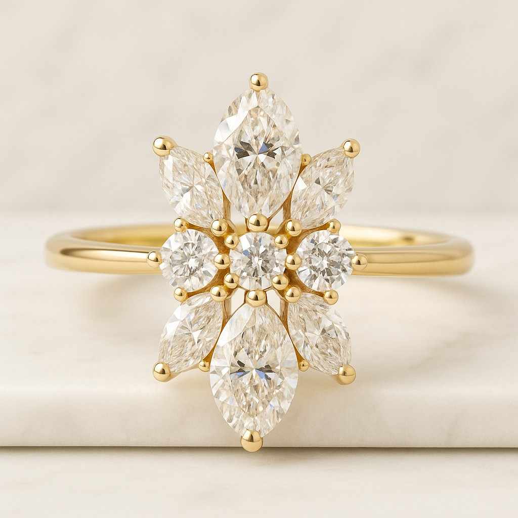 14k Gold Diamond Starburst Ring, Stars Ring Half Eternity Band Solid Gold And Diamond Band