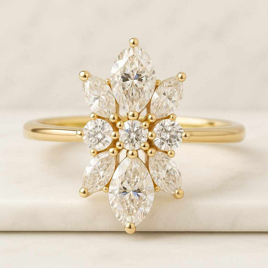 14k Gold Diamond Starburst Ring, Stars Ring Half Eternity Band Solid Gold And Diamond Band