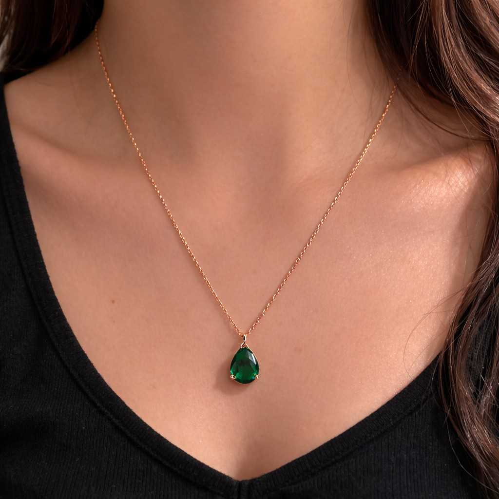 14k Gold Drop Emerald Pendant Necklace: Gold Plated, May Birthstone
