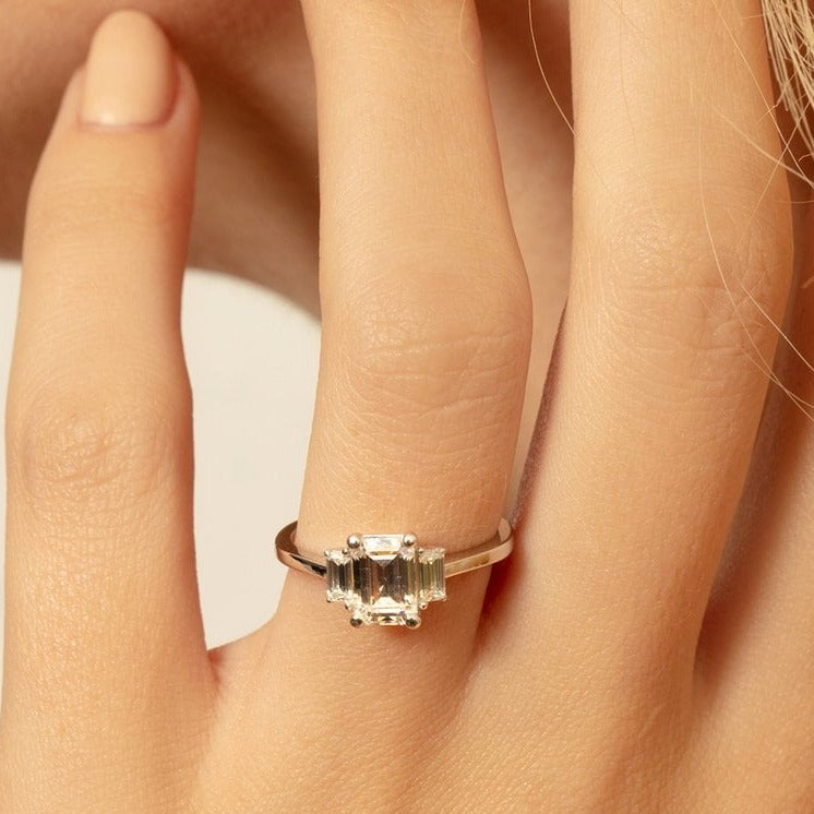 14k Gold Emerald Cut Lab-Grown Diamond Three Stone Engagement Ring