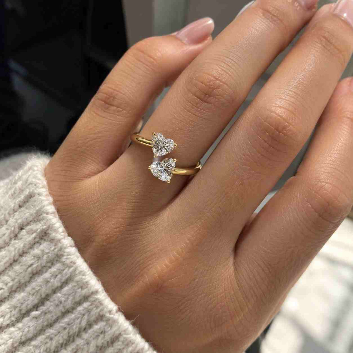 14k gold heart lab-grown diamond engagement ring, three-stone bypass ring for wedding gift