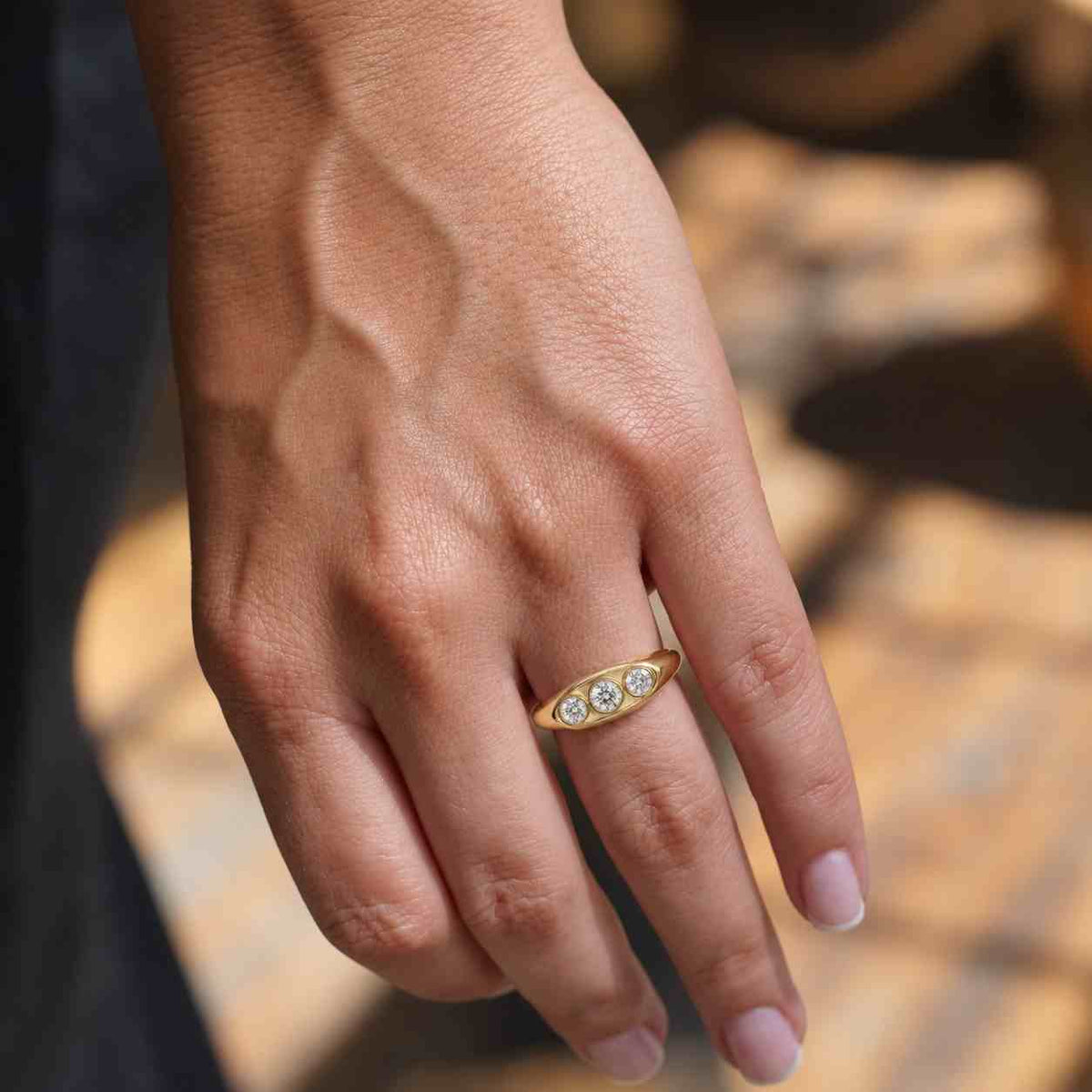 14k gold lab grown diamond three stone wedding ring, old european cushion cut engagement ring, oec diamond ring, bezel set trilogy ring.

