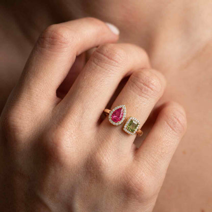 14k Gold Open Ring, Stackable Open Micro Pave Ring, Solid Gold Lab Created Pink Ruby & Lab Created Pink Tourmaline Ring, Cuff / Spacer Ring
