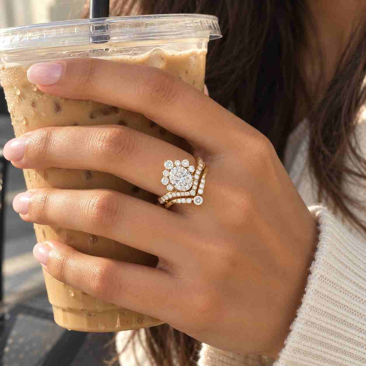 14k gold open shank ring, round, marquise cut diamond wedding band, unique matching rings for women, salt and pepper diamond open cuff ring
