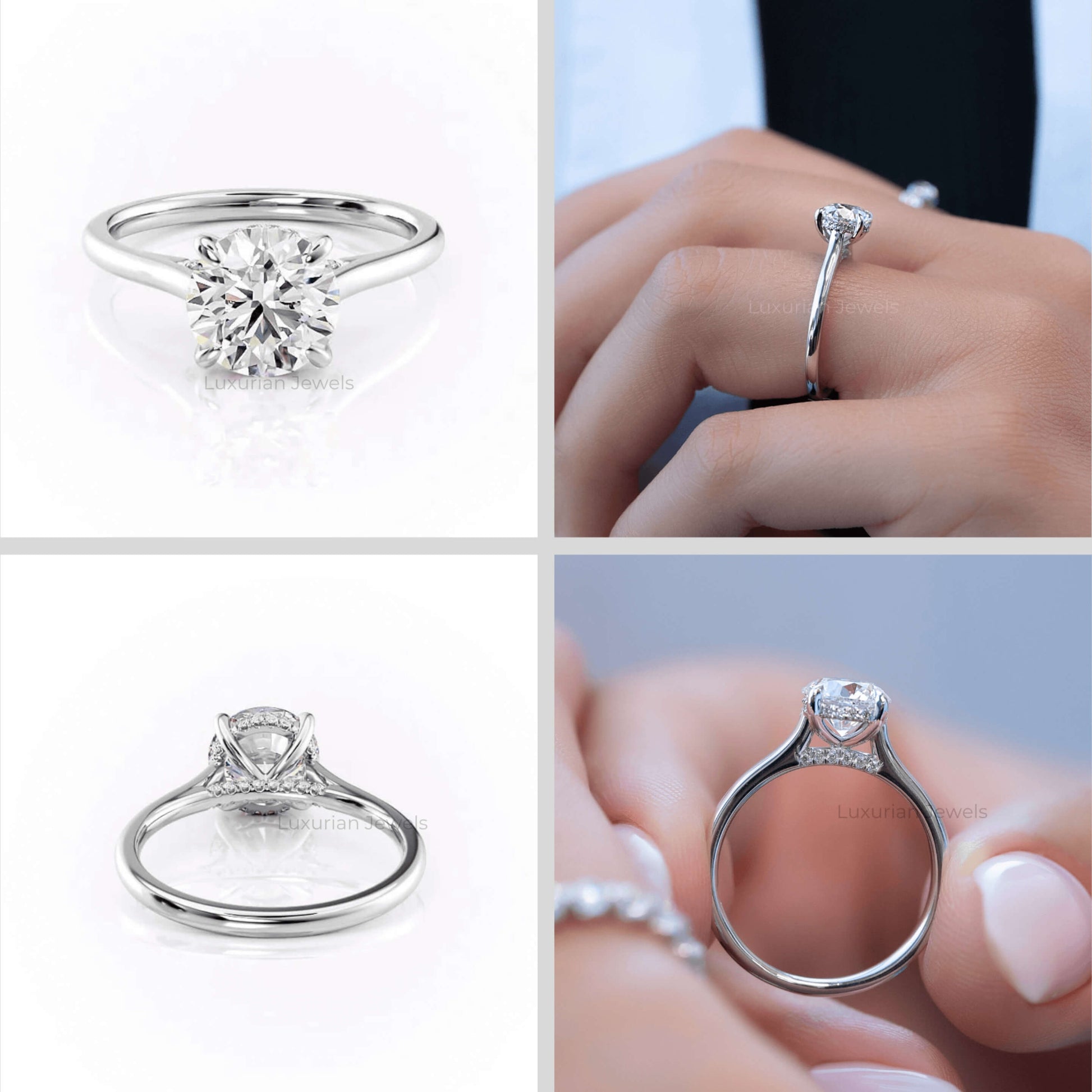 14k Gold Round Cut Diamond Engagement Ring With Hidden Halo