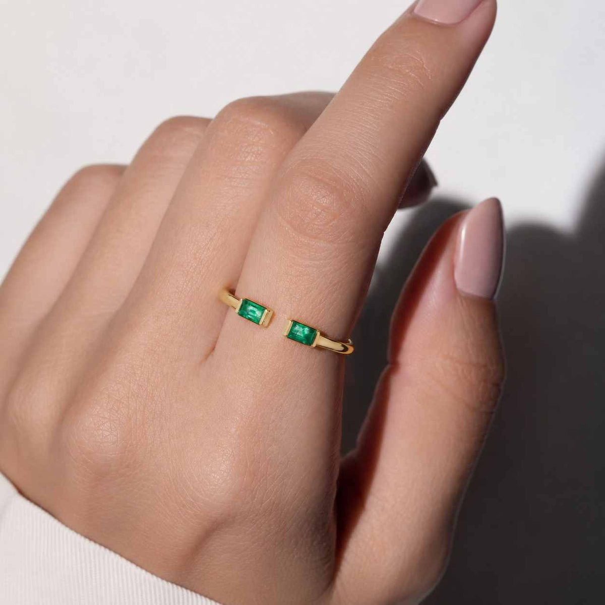 14k gold thin emerald band: delicate baguette dainty promise ring may birthstone gift
