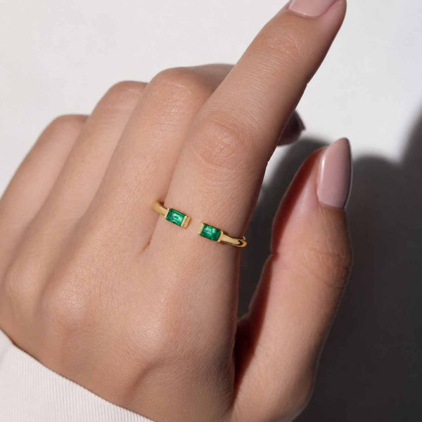 14k Gold Thin Emerald Band: Delicate Baguette Dainty Promise Ring May Birthstone Gift
