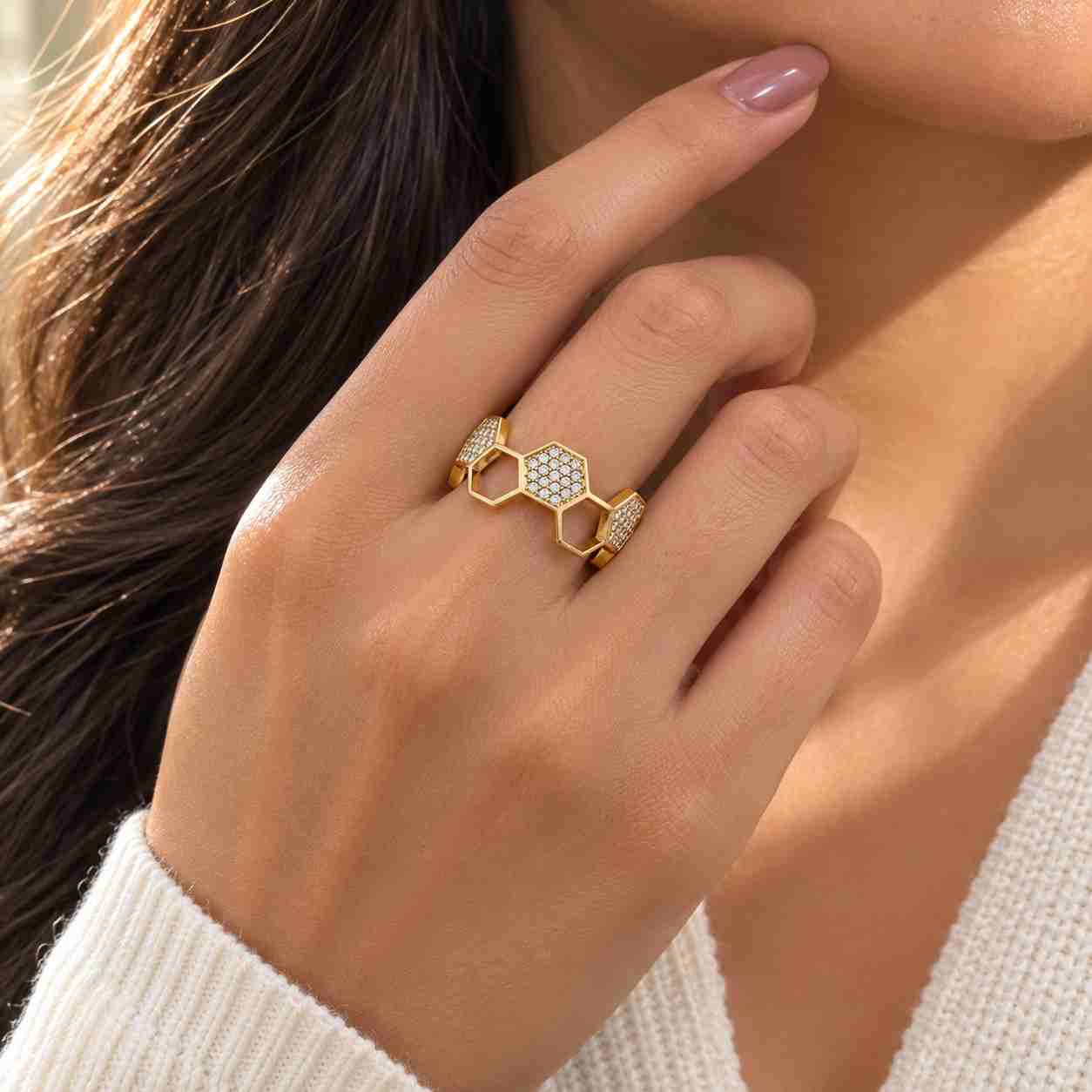 14k Gold Vintage Art Deco Leaf Design Ring, Hexagon Lab Grown Diamond Engagement Ring, Unique Promise Ring, Handmade Gold Jewelry for Women
