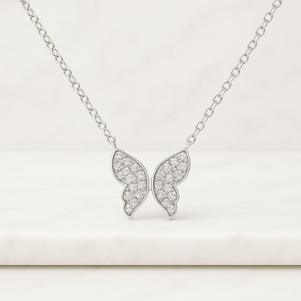 14k Gold or Silver Butterfly Necklace CZ Pavé Pendant Waterproof Hypoallergenic Gift for Her